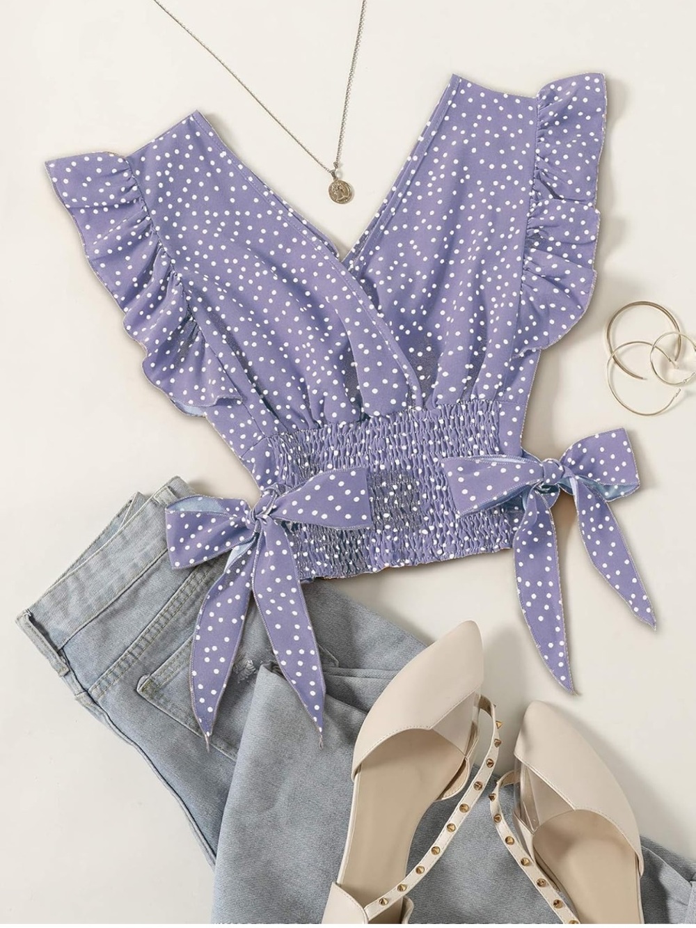 Lavender Polka Dot Ruffle Tie-Waist Crop Top - Brand: